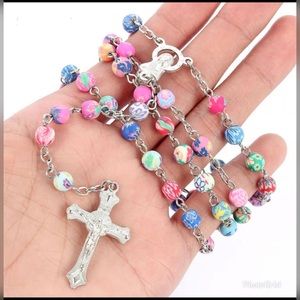 Polymer Clay BeadRosary Cross Necklace Virgin Mary